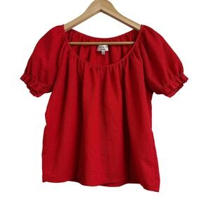 Madewell Women's Red Peasant Puff Sleeve Textured Short Sleeve Top Blouse‎ XS